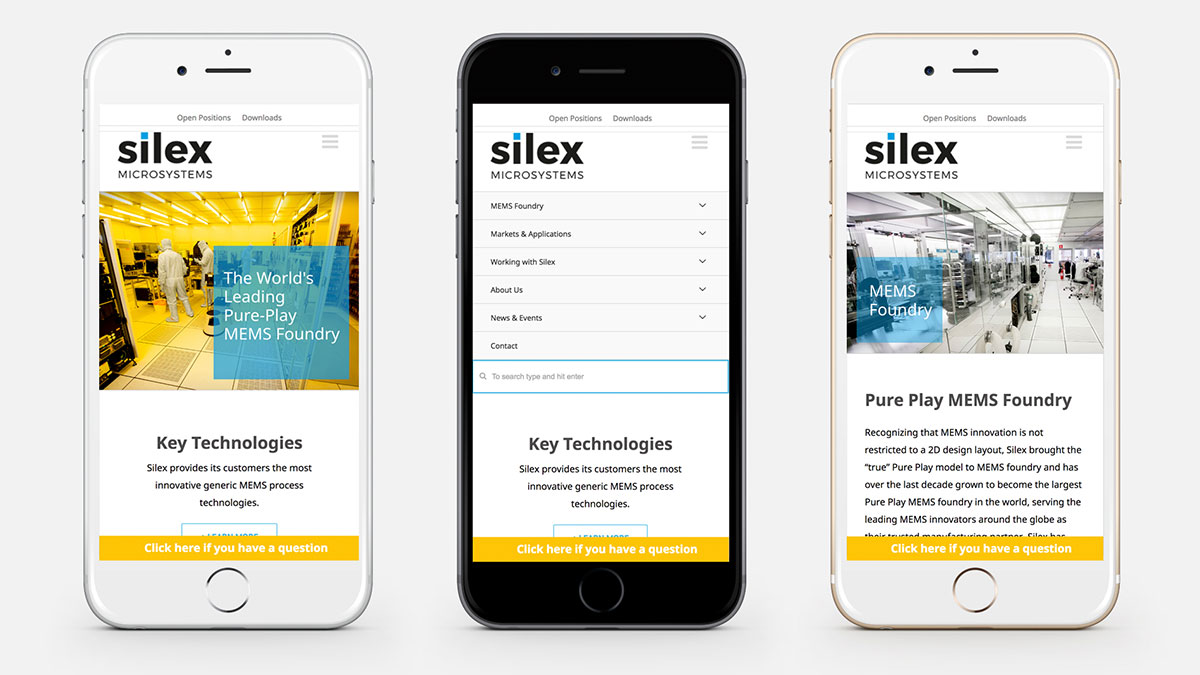 Silex Microsystems webbplats i mobilen